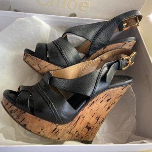 Chloe Renna Black Leather Slingback Wedge